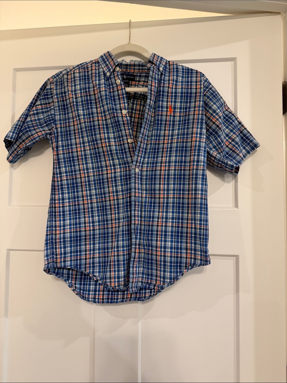 Polo by Ralph Lauren Blue and Orange Plaid Short-Sleeve Button-Down Shirt
